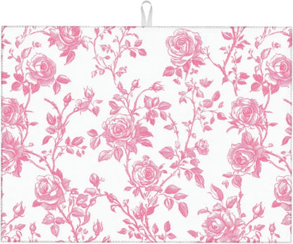 Pink Floral Rose Toile Pattern Dish Drying Mat For Kitchen Counter, Drain Rack Mat Microfiber Quick Dry Dish Pad