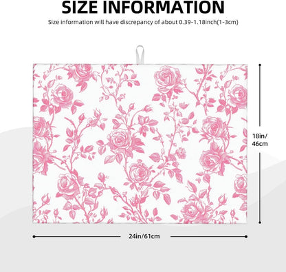 Pink Floral Rose Toile Pattern Dish Drying Mat For Kitchen Counter, Drain Rack Mat Microfiber Quick Dry Dish Pad
