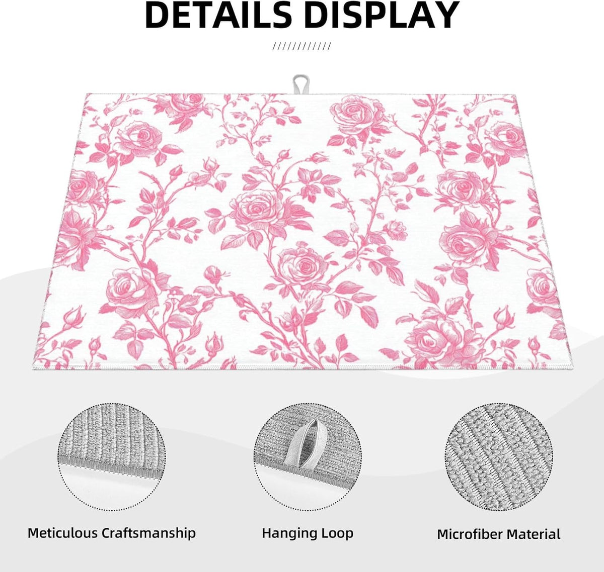 Pink Floral Rose Toile Pattern Dish Drying Mat For Kitchen Counter, Drain Rack Mat Microfiber Quick Dry Dish Pad