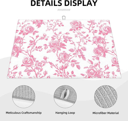 Pink Floral Rose Toile Pattern Dish Drying Mat For Kitchen Counter, Drain Rack Mat Microfiber Quick Dry Dish Pad