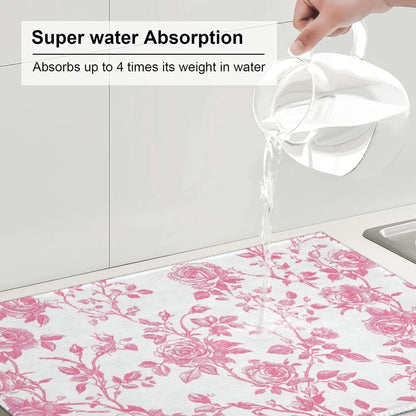 Pink Floral Rose Toile Pattern Dish Drying Mat For Kitchen Counter, Drain Rack Mat Microfiber Quick Dry Dish Pad