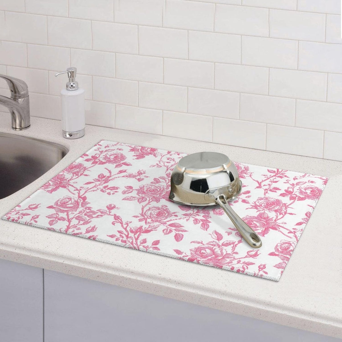Pink Floral Rose Toile Pattern Dish Drying Mat For Kitchen Counter, Drain Rack Mat Microfiber Quick Dry Dish Pad