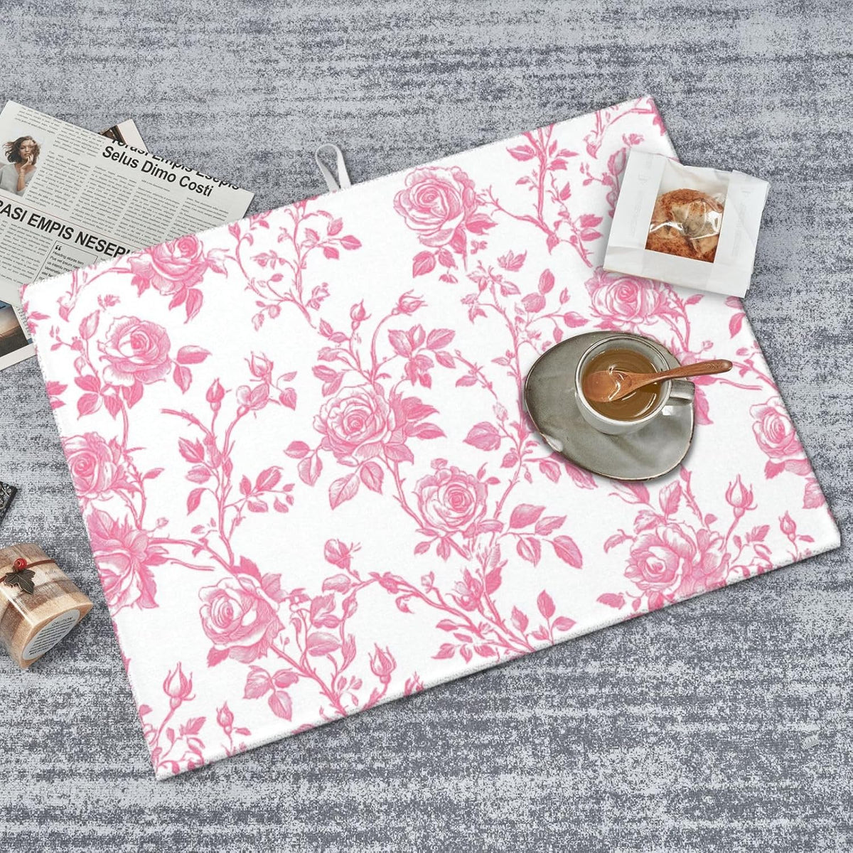 Pink Floral Rose Toile Pattern Dish Drying Mat For Kitchen Counter, Drain Rack Mat Microfiber Quick Dry Dish Pad