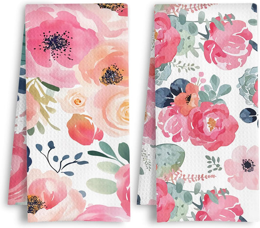 ArtisaEura Elegant Pink Floral Botanical Kitchen Towels, Boho Pastel Aesthetic Cottagecore Flower Dish Tea Hand Towels for Kitchen Bathroom Decor, 16x24 Inch Set of 2