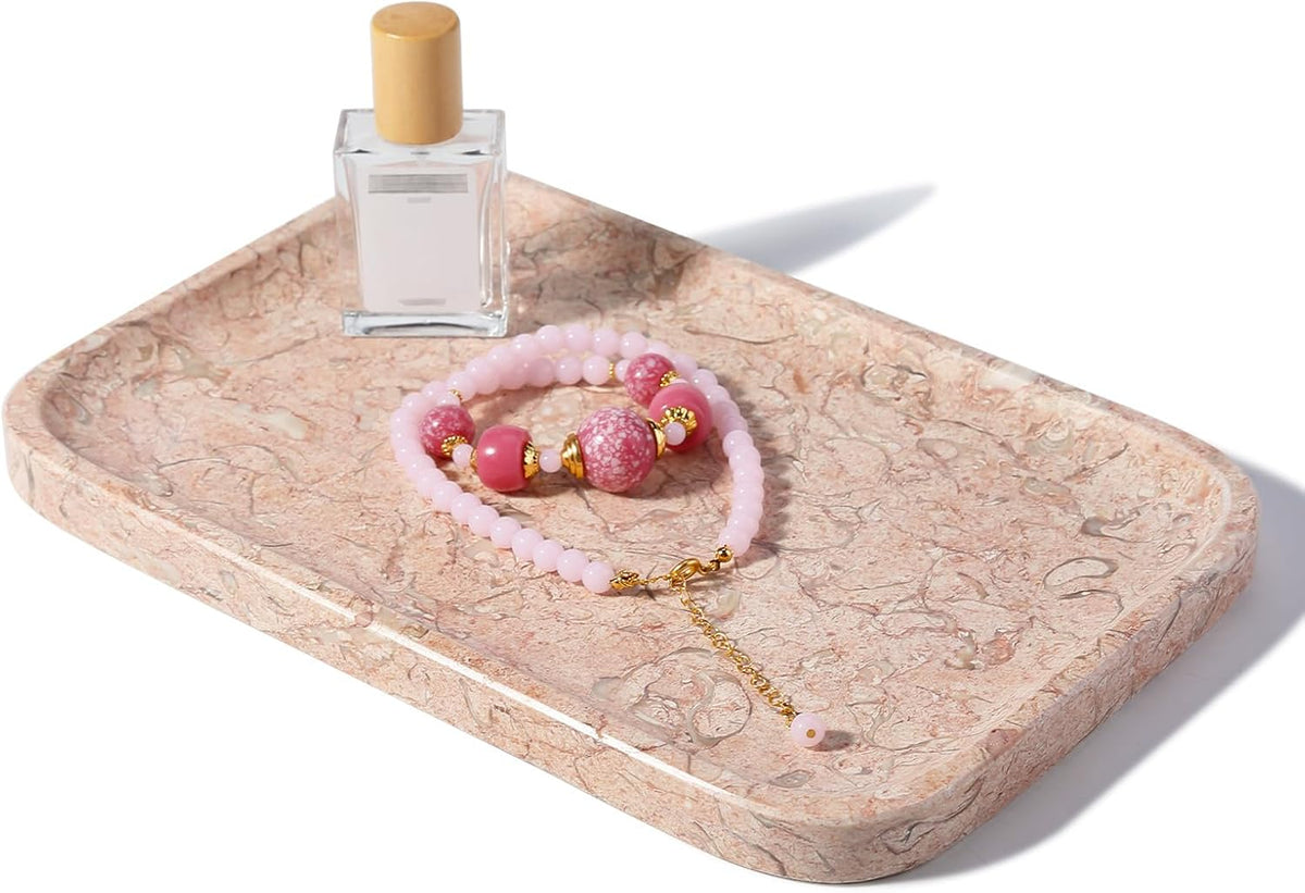 Marble Tray, 12"x8" Natural Marble Vanity Tray for Countertop Bathroom Kitchen Dresser, Decorative Catchall Trays for Perfume Jewelry, Rectangular Stone Serving Tray(Pink)