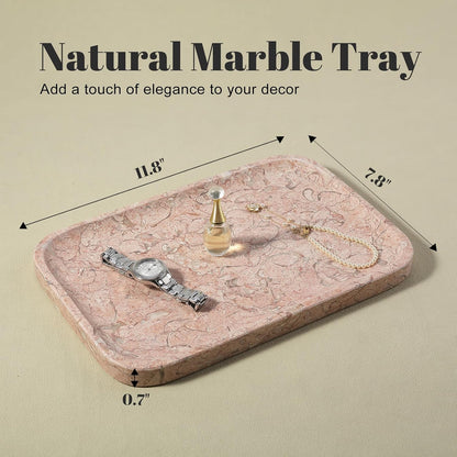 Marble Tray, 12"x8" Natural Marble Vanity Tray for Countertop Bathroom Kitchen Dresser, Decorative Catchall Trays for Perfume Jewelry, Rectangular Stone Serving Tray(Pink)