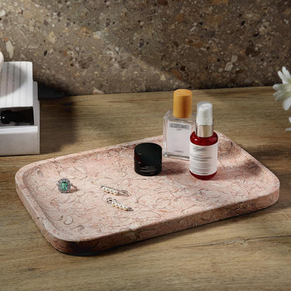 Marble Tray, 12"x8" Natural Marble Vanity Tray for Countertop Bathroom Kitchen Dresser, Decorative Catchall Trays for Perfume Jewelry, Rectangular Stone Serving Tray(Pink)