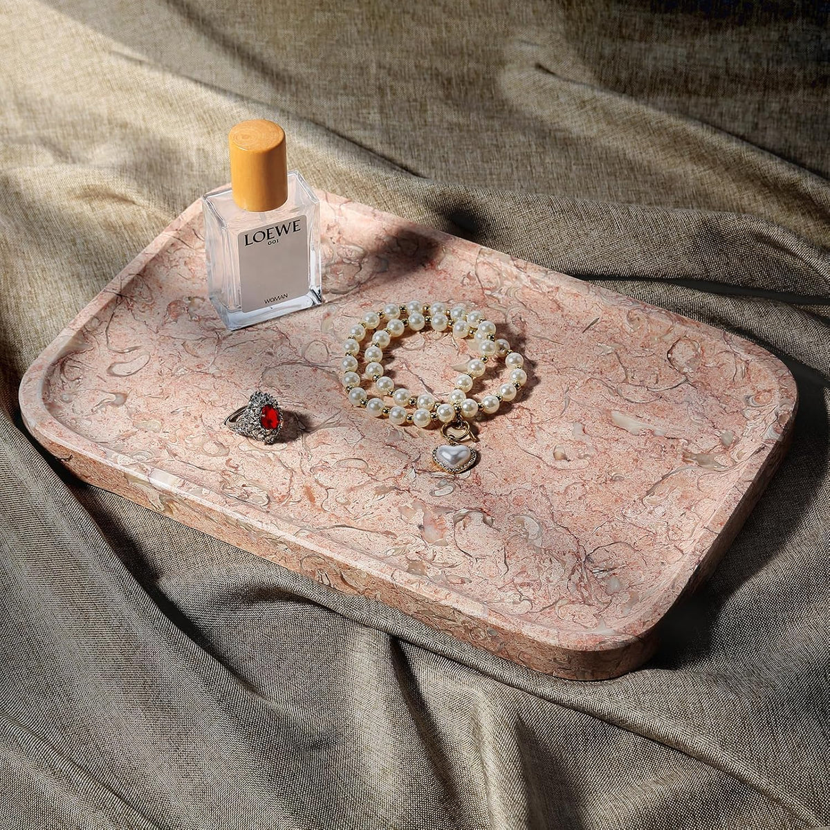 Marble Tray, 12"x8" Natural Marble Vanity Tray for Countertop Bathroom Kitchen Dresser, Decorative Catchall Trays for Perfume Jewelry, Rectangular Stone Serving Tray(Pink)