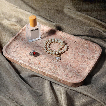 Marble Tray, 12"x8" Natural Marble Vanity Tray for Countertop Bathroom Kitchen Dresser, Decorative Catchall Trays for Perfume Jewelry, Rectangular Stone Serving Tray(Pink)