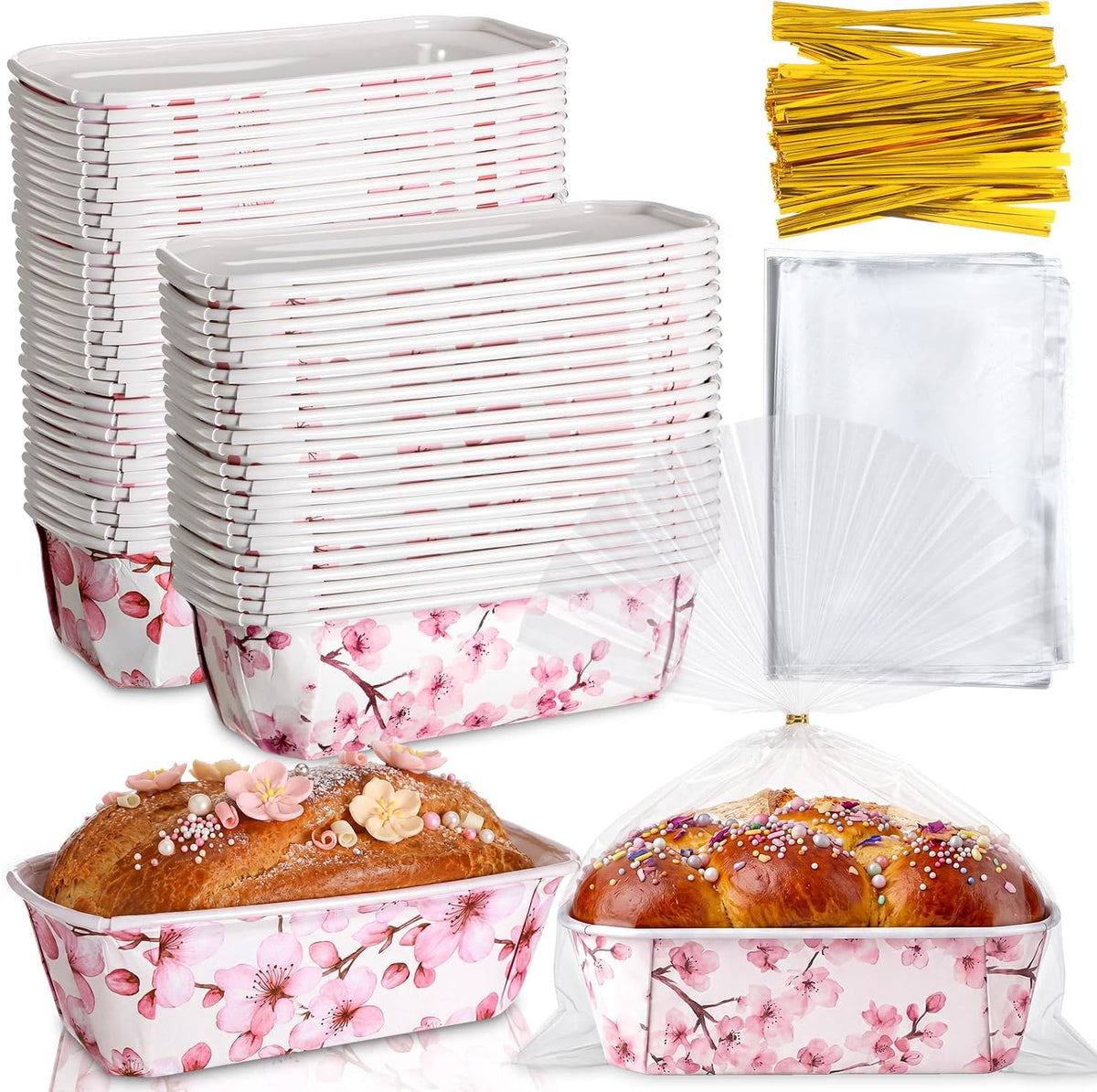 50 Set Fall Paper Mini Loaf Pan Disposable, Pink Floral