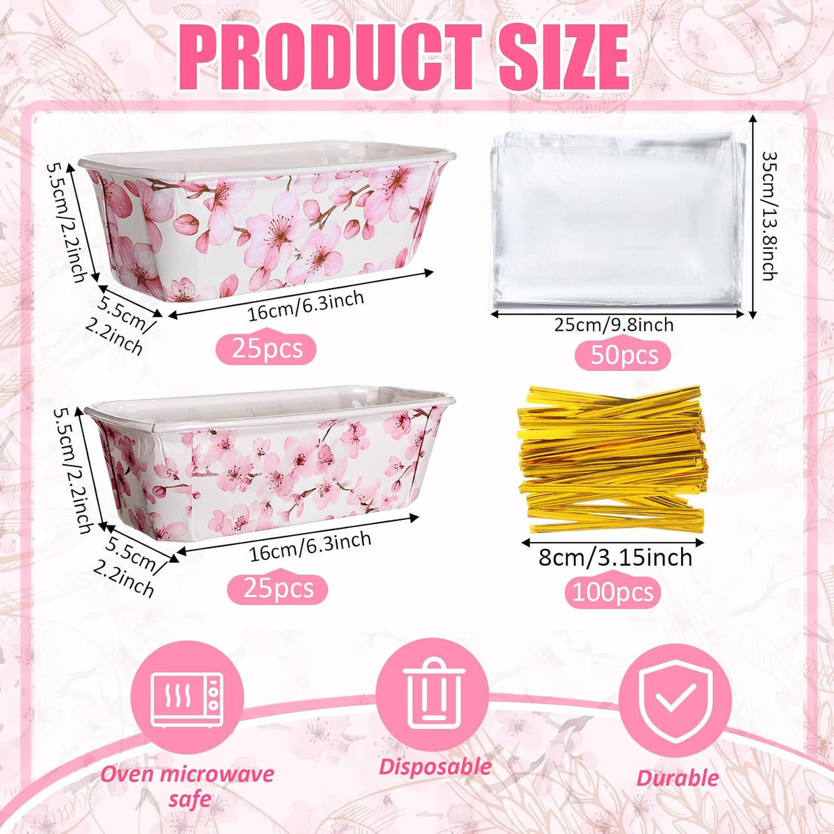 50 Set Fall Paper Mini Loaf Pan Disposable, Pink Floral