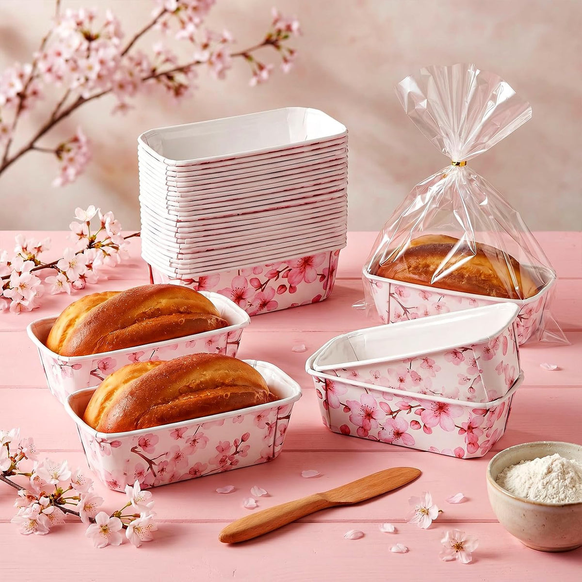50 Set Fall Paper Mini Loaf Pan Disposable, Pink Floral