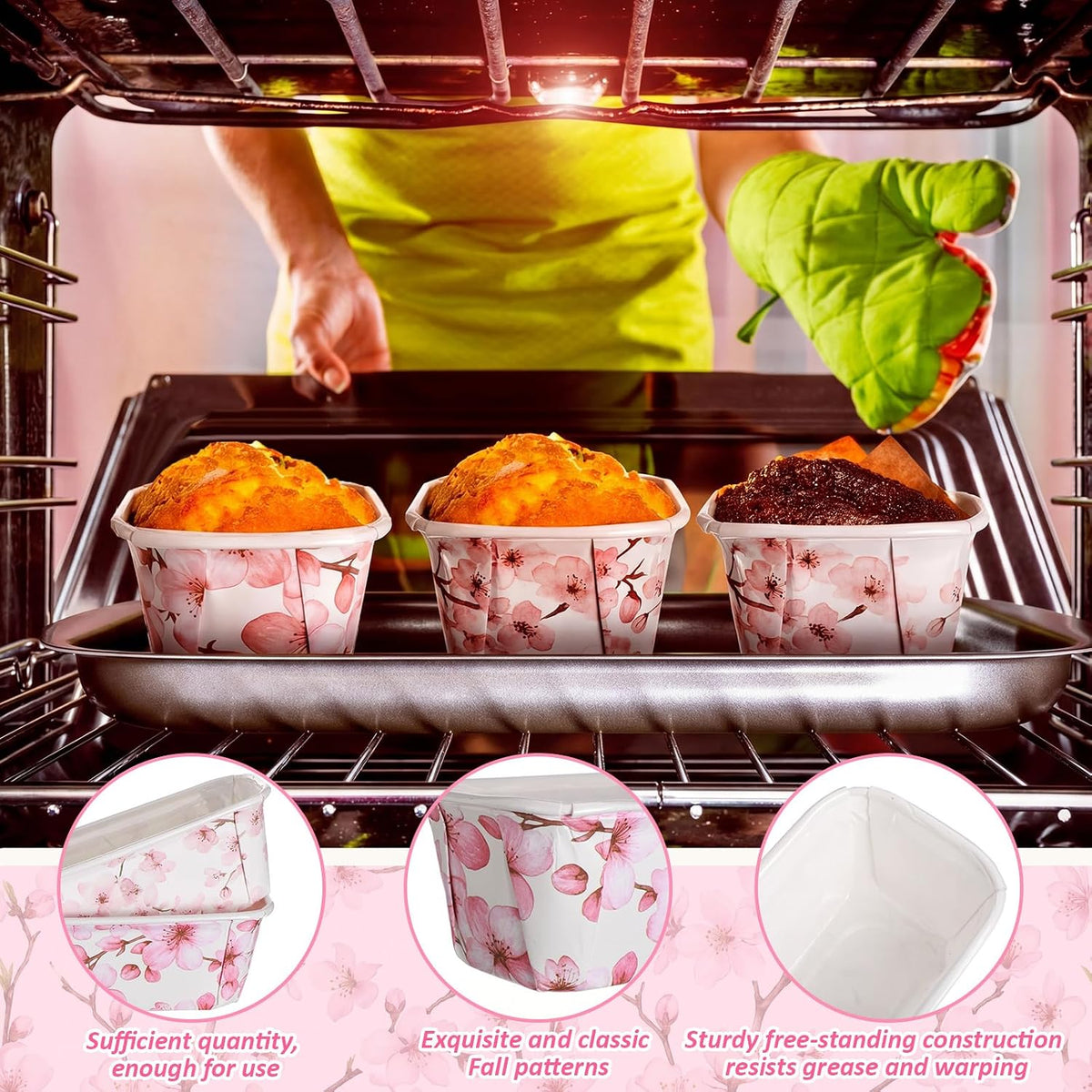 50 Set Fall Paper Mini Loaf Pan Disposable, Pink Floral
