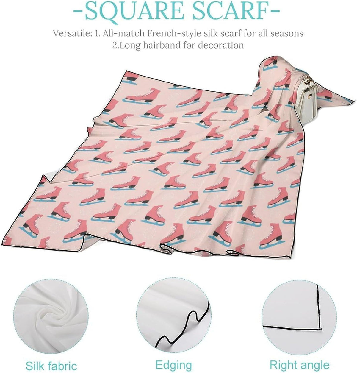 Pink Ice Skates Women's Square Silk Scarf 27x27 In, Fashion Scarves Wraps Headscarf for Neck Hair Bag, Lightweight Breathable Silky Feel Elegant Accessory Gift