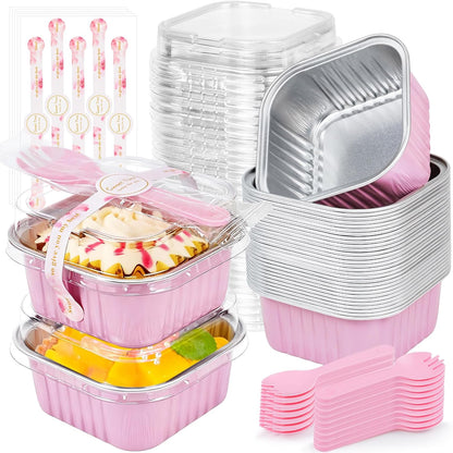 Mini Cake Pans with Lids, 5oz/150ml Mini Loaf pans with Lids Spoons Aluminum Foil, Disposable Square Small Baking Cups Tins Muffin Pan Cheesecake Containers for Party Pink 25Pack