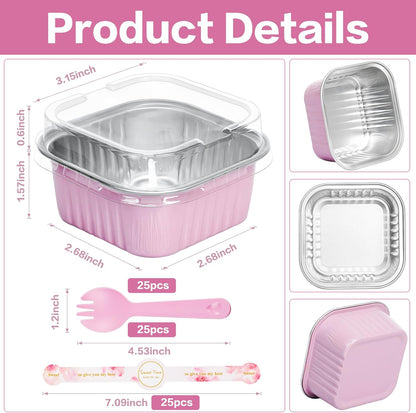 Mini Cake Pans with Lids, 5oz/150ml Mini Loaf pans with Lids Spoons Aluminum Foil, Disposable Square Small Baking Cups Tins Muffin Pan Cheesecake Containers for Party Pink 25Pack