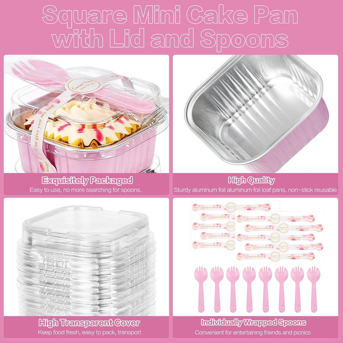 Mini Cake Pans with Lids, 5oz/150ml Mini Loaf pans with Lids Spoons Aluminum Foil, Disposable Square Small Baking Cups Tins Muffin Pan Cheesecake Containers for Party Pink 25Pack
