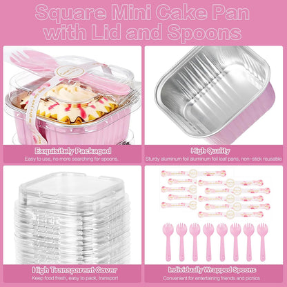 Mini Cake Pans with Lids, 5oz/150ml Mini Loaf pans with Lids Spoons Aluminum Foil, Disposable Square Small Baking Cups Tins Muffin Pan Cheesecake Containers for Party Pink 25Pack