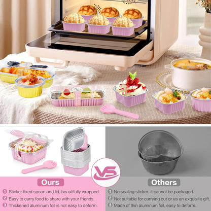 Mini Cake Pans with Lids, 5oz/150ml Mini Loaf pans with Lids Spoons Aluminum Foil, Disposable Square Small Baking Cups Tins Muffin Pan Cheesecake Containers for Party Pink 25Pack