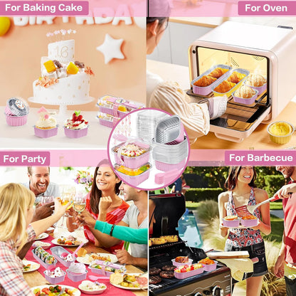 Mini Cake Pans with Lids, 5oz/150ml Mini Loaf pans with Lids Spoons Aluminum Foil, Disposable Square Small Baking Cups Tins Muffin Pan Cheesecake Containers for Party Pink 25Pack