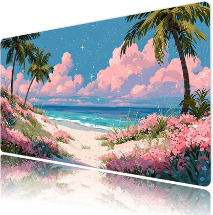 Pink Floral Beach Mouse Pad, Tropical Ocean Pastel Cloud Desk Mat,Large Mouse Pad for Laptop Computer, Mousepad with Non-Slip Rubber Base and Stitched Edge for Game, Office, Home 31.5'' x 15.7''