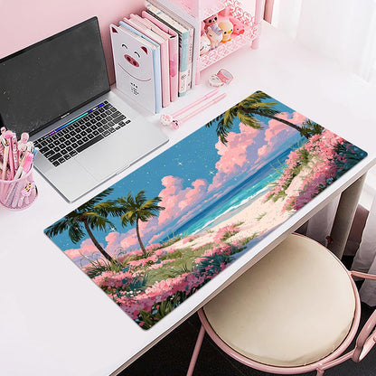 Pink Floral Beach Mouse Pad, Tropical Ocean Pastel Cloud Desk Mat,Large Mouse Pad for Laptop Computer, Mousepad with Non-Slip Rubber Base and Stitched Edge for Game, Office, Home 31.5'' x 15.7''