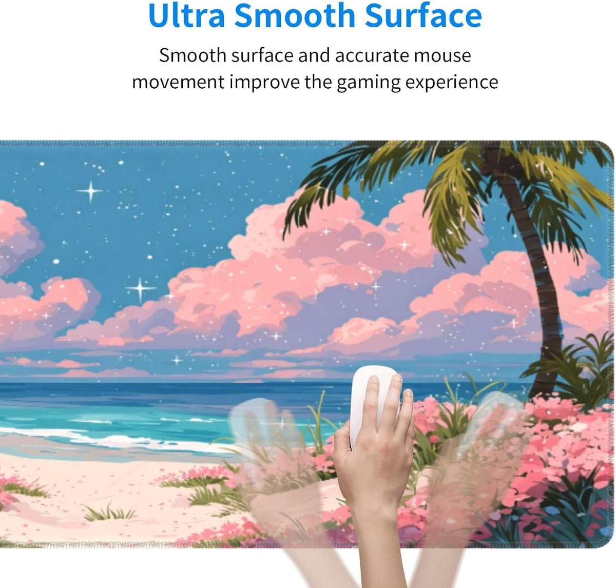 Pink Floral Beach Mouse Pad, Tropical Ocean Pastel Cloud Desk Mat,Large Mouse Pad for Laptop Computer, Mousepad with Non-Slip Rubber Base and Stitched Edge for Game, Office, Home 31.5'' x 15.7''