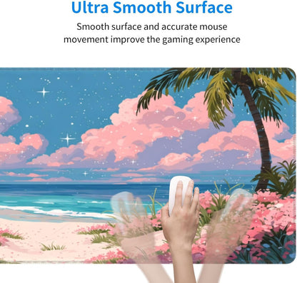 Pink Floral Beach Mouse Pad, Tropical Ocean Pastel Cloud Desk Mat,Large Mouse Pad for Laptop Computer, Mousepad with Non-Slip Rubber Base and Stitched Edge for Game, Office, Home 31.5'' x 15.7''