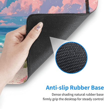 Pink Floral Beach Mouse Pad, Tropical Ocean Pastel Cloud Desk Mat,Large Mouse Pad for Laptop Computer, Mousepad with Non-Slip Rubber Base and Stitched Edge for Game, Office, Home 31.5'' x 15.7''