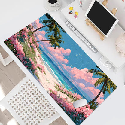 Pink Floral Beach Mouse Pad, Tropical Ocean Pastel Cloud Desk Mat,Large Mouse Pad for Laptop Computer, Mousepad with Non-Slip Rubber Base and Stitched Edge for Game, Office, Home 31.5'' x 15.7''