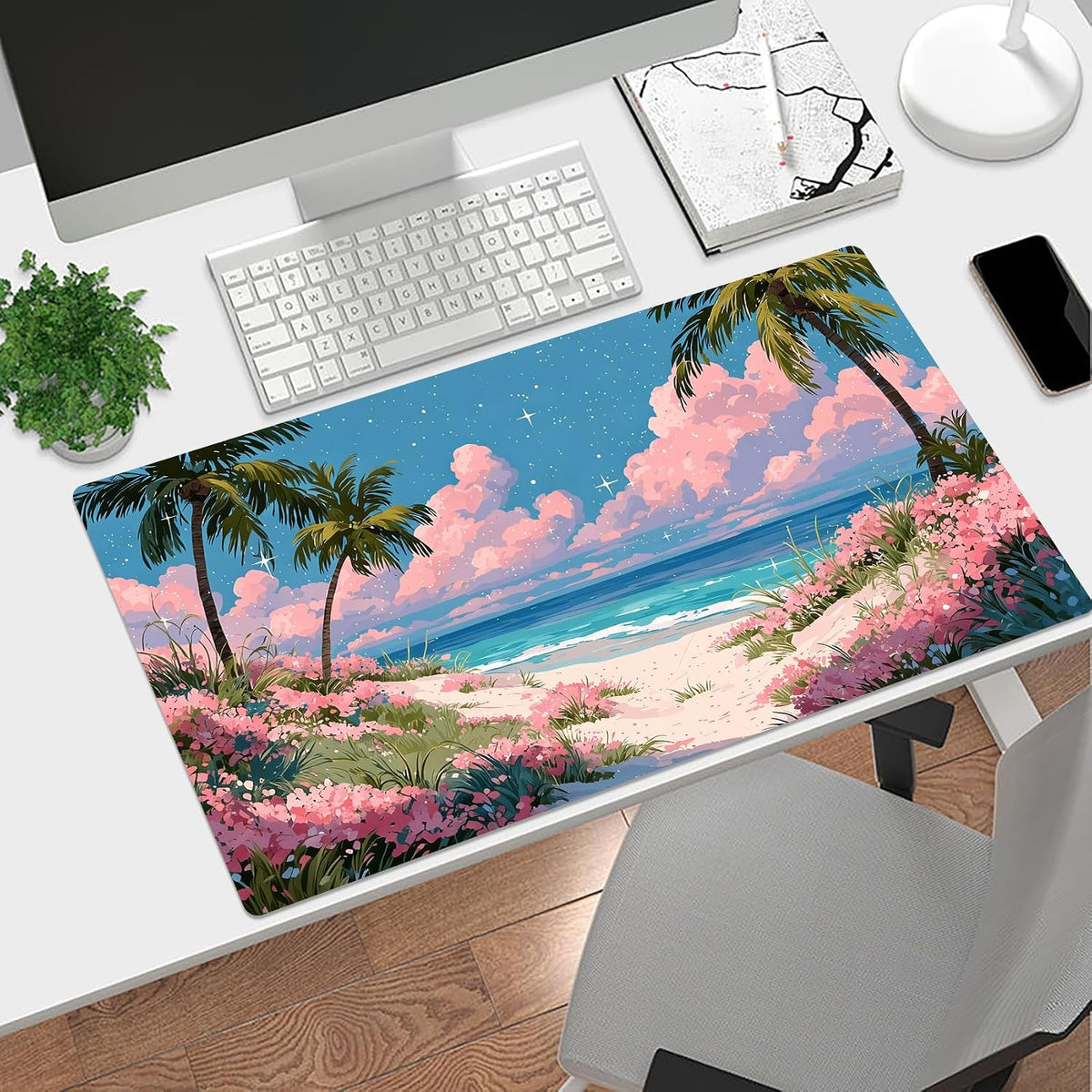 Pink Floral Beach Mouse Pad, Tropical Ocean Pastel Cloud Desk Mat,Large Mouse Pad for Laptop Computer, Mousepad with Non-Slip Rubber Base and Stitched Edge for Game, Office, Home 31.5'' x 15.7''