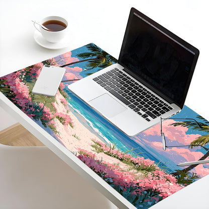 Pink Floral Beach Mouse Pad, Tropical Ocean Pastel Cloud Desk Mat,Large Mouse Pad for Laptop Computer, Mousepad with Non-Slip Rubber Base and Stitched Edge for Game, Office, Home 31.5'' x 15.7''