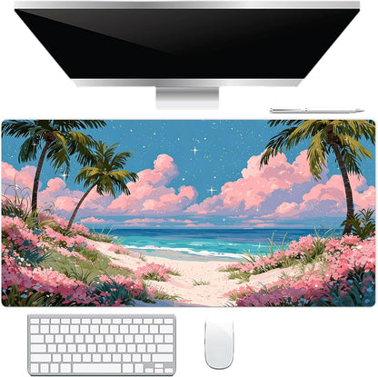 Pink Floral Beach Mouse Pad, Tropical Ocean Pastel Cloud Desk Mat,Large Mouse Pad for Laptop Computer, Mousepad with Non-Slip Rubber Base and Stitched Edge for Game, Office, Home 31.5'' x 15.7''