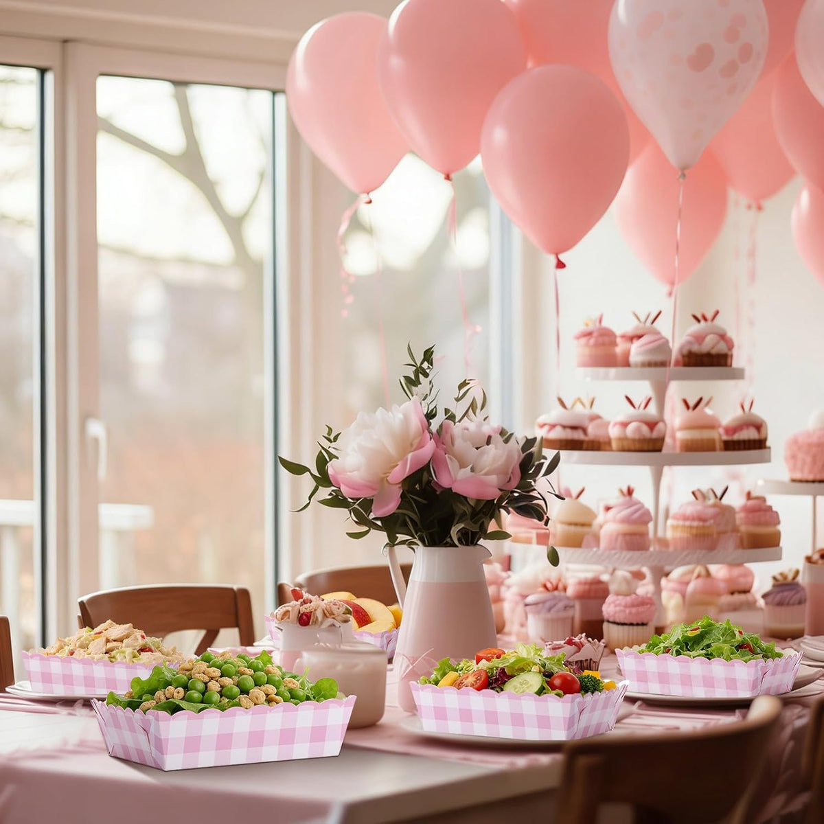 48 Pcs Gingham Party Supplies Pink Plaid Paper Food Trays