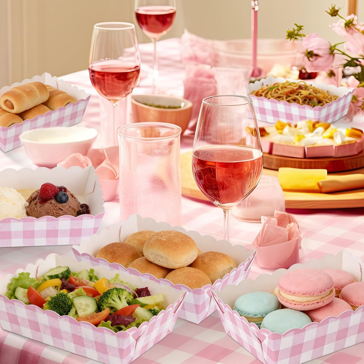 48 Pcs Gingham Party Supplies Pink Plaid Paper Food Trays