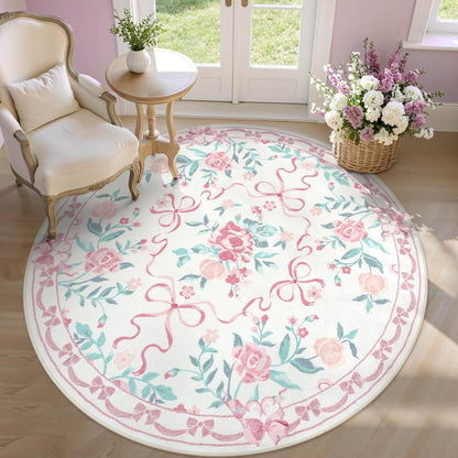 6ft Pink Floral and Bow Washable Round Rug for Girls Bedroom