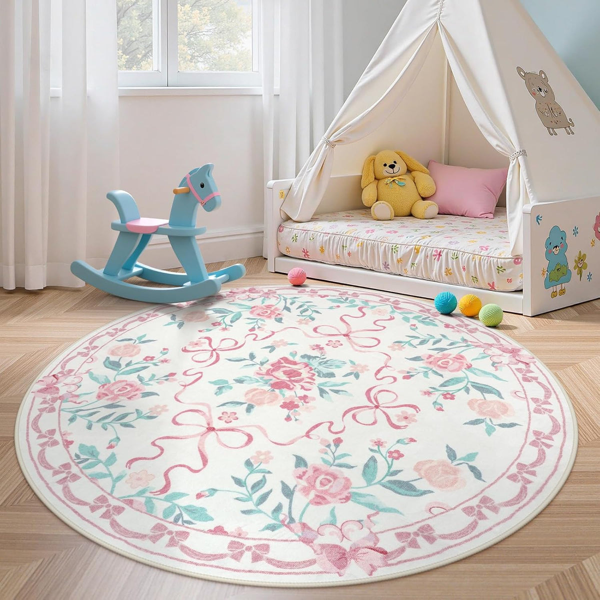 6ft Pink Floral and Bow Washable Round Rug for Girls Bedroom