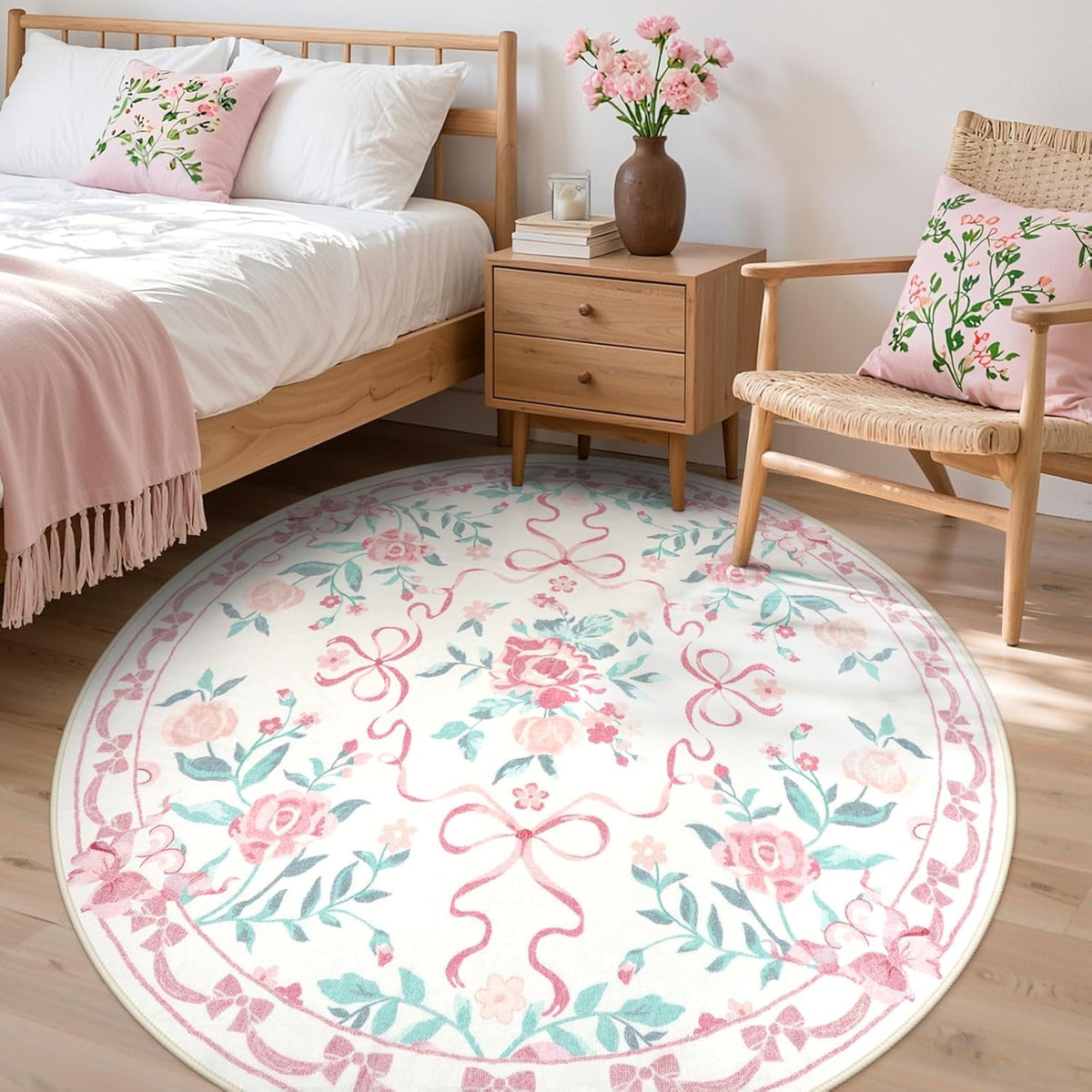 6ft Pink Floral and Bow Washable Round Rug for Girls Bedroom