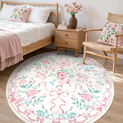 6ft Pink Floral and Bow Washable Round Rug for Girls Bedroom