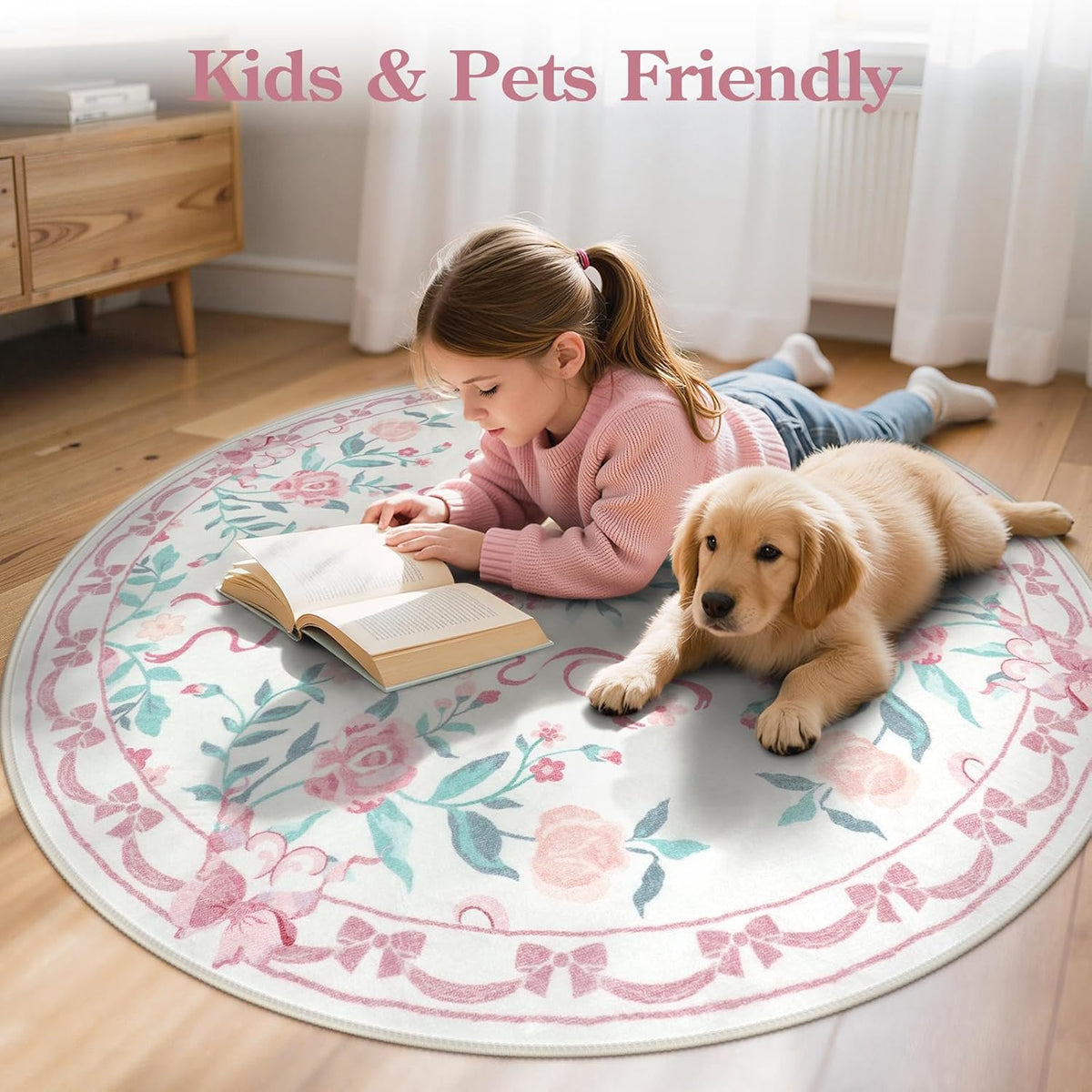 6ft Pink Floral and Bow Washable Round Rug for Girls Bedroom