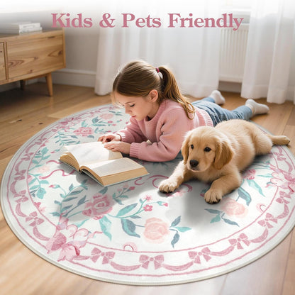 6ft Pink Floral and Bow Washable Round Rug for Girls Bedroom