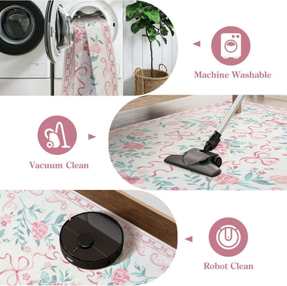 6ft Pink Floral and Bow Washable Round Rug for Girls Bedroom