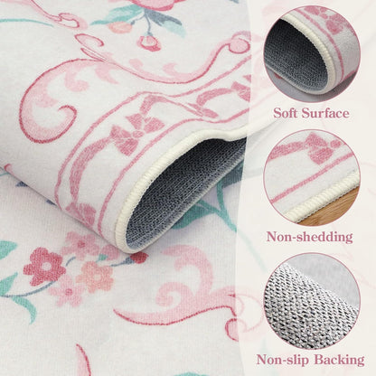 6ft Pink Floral and Bow Washable Round Rug for Girls Bedroom