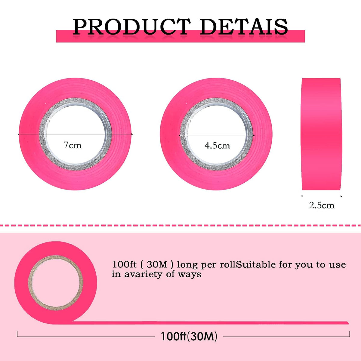 6 Pack Pink Flagging Tape, Non-Adhesive Plastic Ribbon Neon Marking Roll