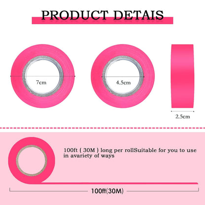 6 Pack Pink Flagging Tape, Non-Adhesive Plastic Ribbon Neon Marking Roll