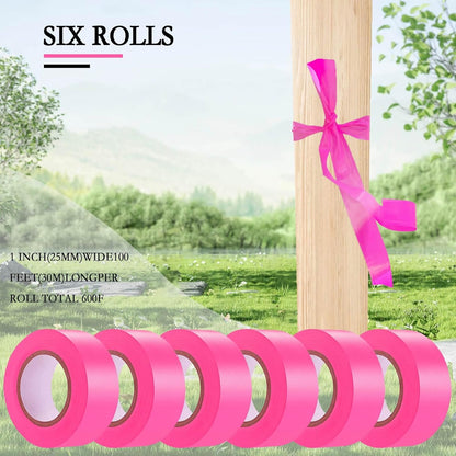 6 Pack Pink Flagging Tape, Non-Adhesive Plastic Ribbon Neon Marking Roll