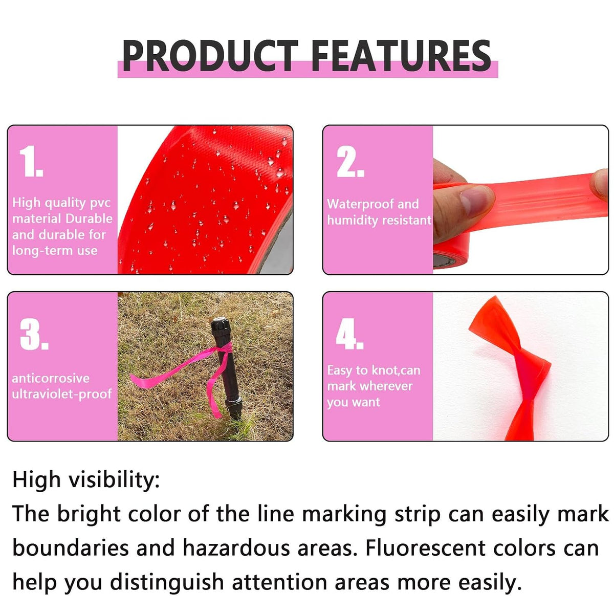6 Pack Pink Flagging Tape, Non-Adhesive Plastic Ribbon Neon Marking Roll