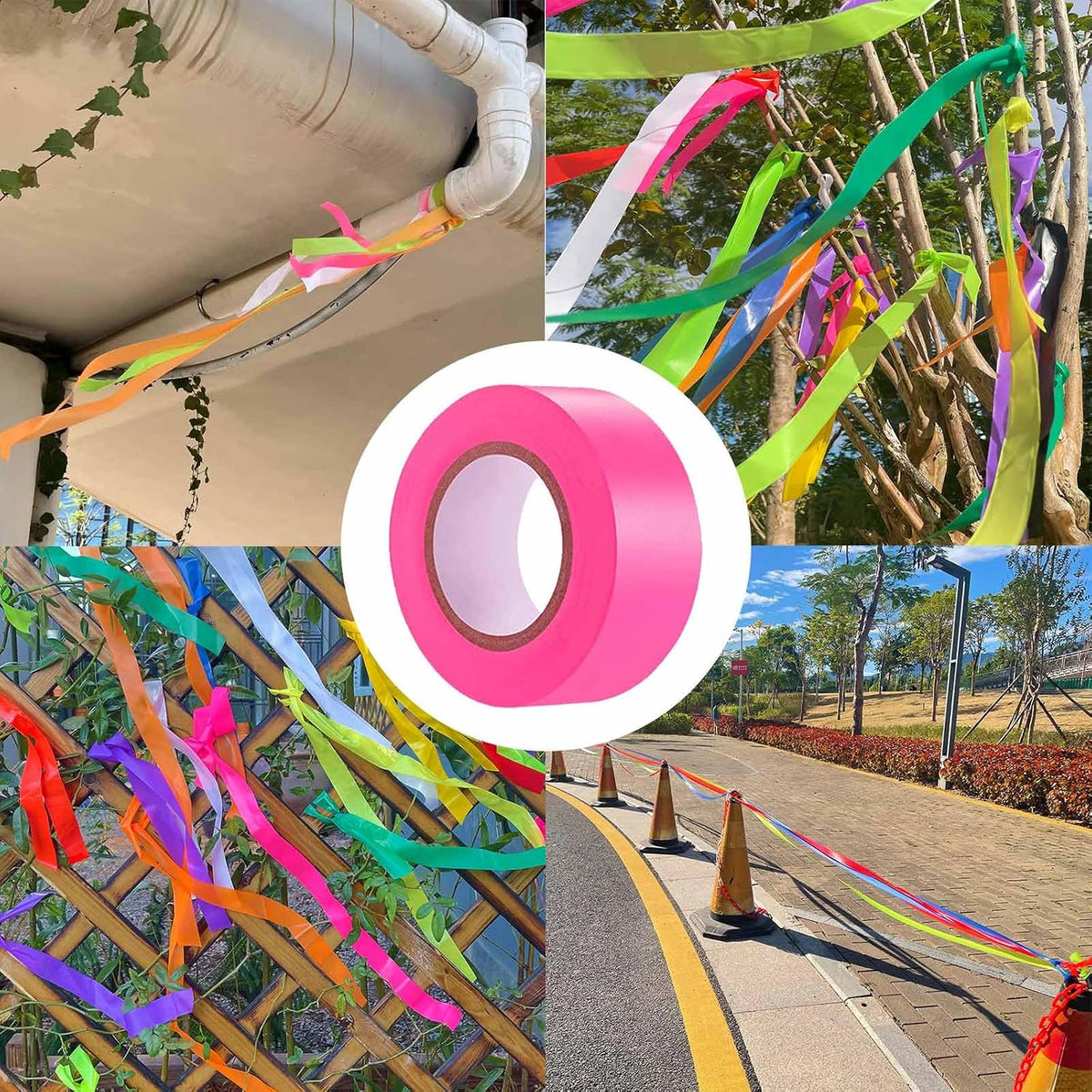 6 Pack Pink Flagging Tape, Non-Adhesive Plastic Ribbon Neon Marking Roll