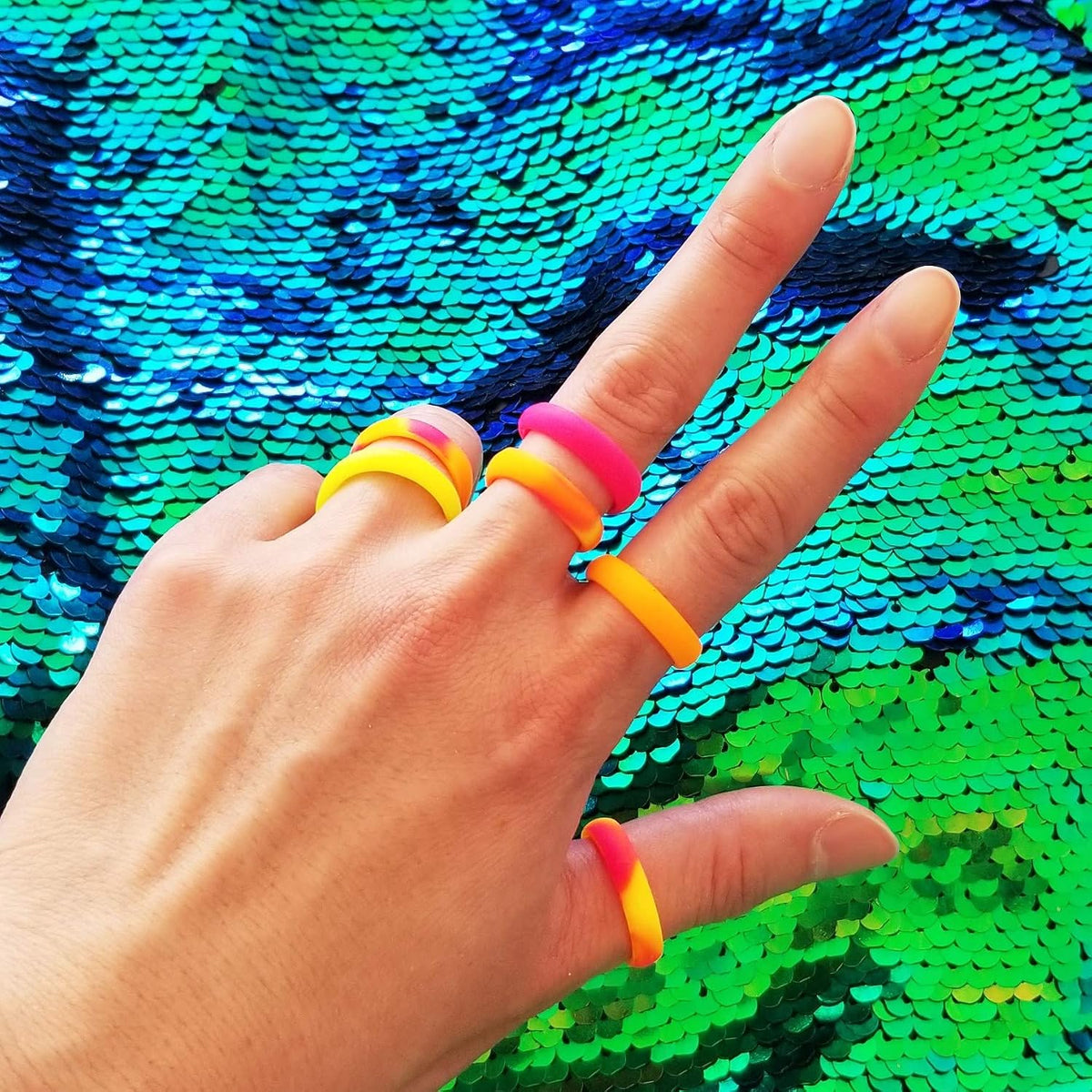 Silicone Rings for Women Rainbow Neon Pink Yellow Orange – Bright Camo Rubber Wedding Band – Gym Workout Pilates Yoga Ring for Her