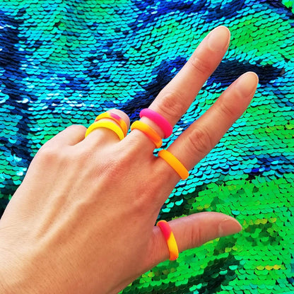 Silicone Rings for Women Rainbow Neon Pink Yellow Orange – Bright Camo Rubber Wedding Band – Gym Workout Pilates Yoga Ring for Her